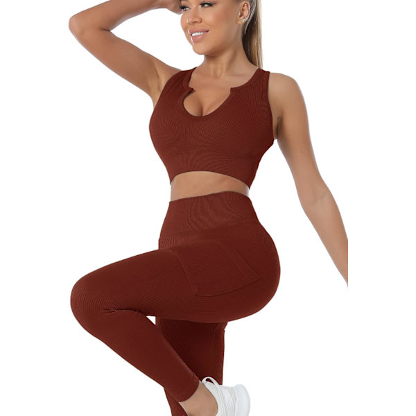 Träningskläder set för kvinnor 2 delar sömlös ribbad crop tank topp hög midja
