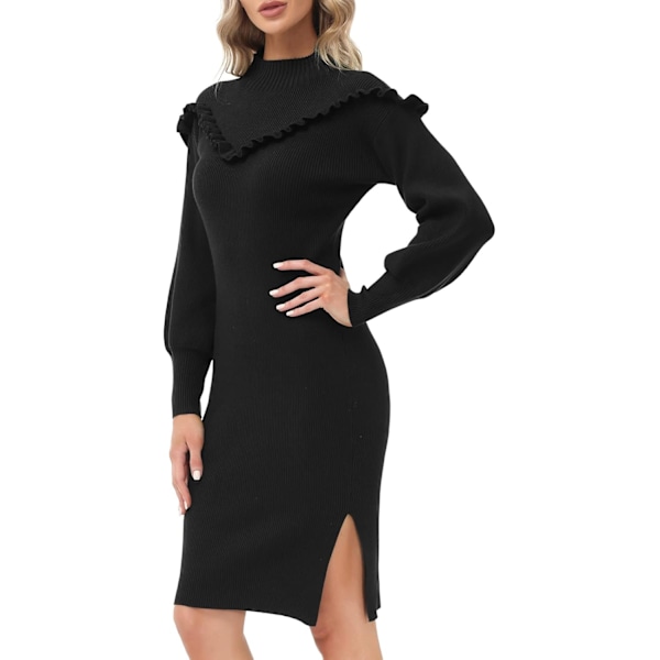 Kvinners Ribbet Lang Ermet Genser Kjole Mock Neck Side Slit Bodycon Genser Kjole