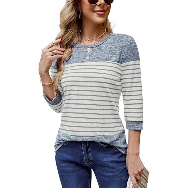 Kvinders 3/4 ærmer toppe casual tunika bluse patchwork stribet skjorte