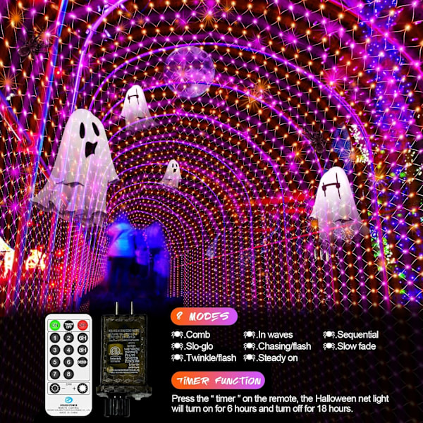 2 pakker med hver 200 LED Halloween netlys udendørs vandtæt 3M*2M mesh lys fe lyskæde stik med timer 8 tilstande til busk vindue