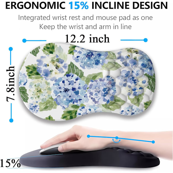 Blå Hortensia Ergonomisk Musmatta med handledsstöd, Vit Söt Blå Blommig Musmatta Kawaii Handledsstöd Smärtlindrande Musmatta med Minnesskum Blå