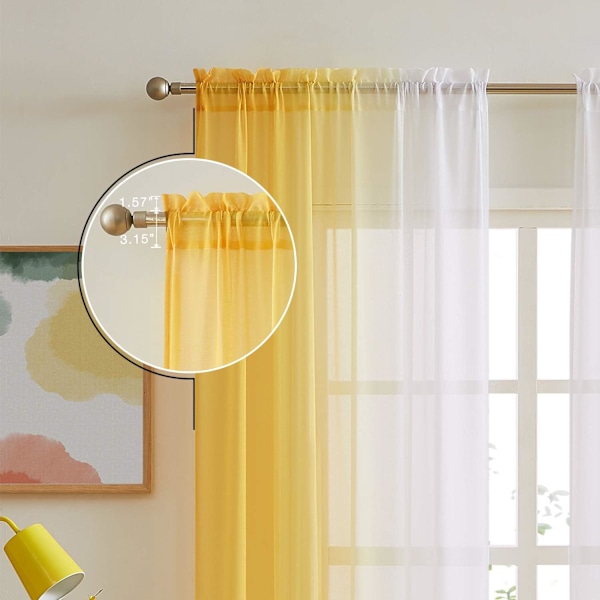 Ombre Gennemsigtige Gardiner 137x213 cm - Imiteret Hør Dobbeltsidet (Sæt med 2) - Lysfiltrerende med Privatliv - Gul Gradient til Soveværelse/Stue