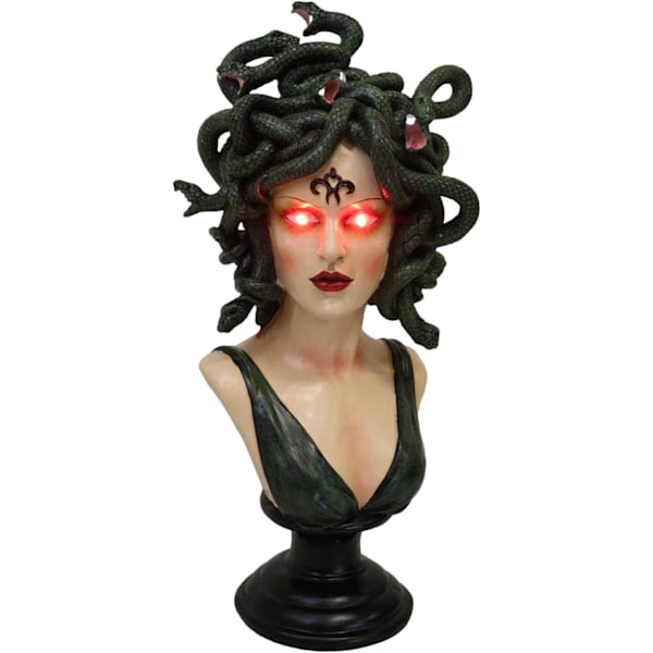 Ebros Gave Græsk Mytologi Gorgon Søstre Gudinde Medusa med Vilde Slanger Hår og Rød Blodsprængt LED Lys Op Øjne Buste Figurine Fristelse Forførelse