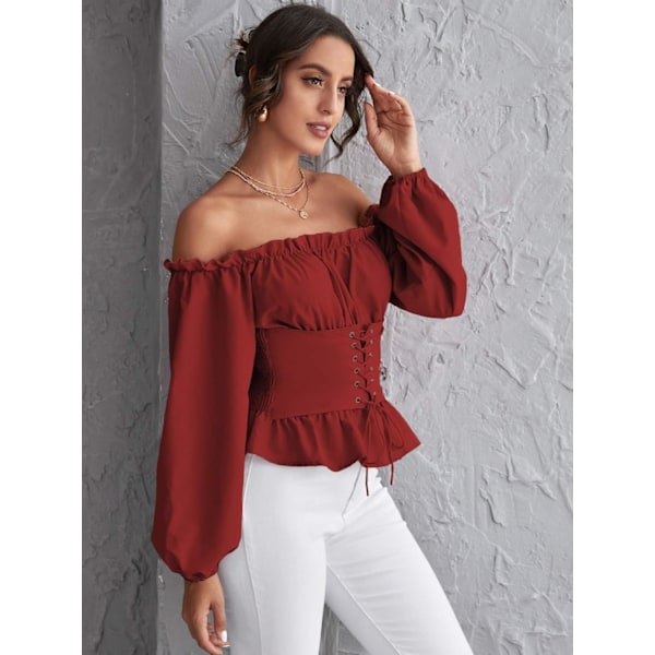 Kvinners Off Shoulder Ruffle Peplum Korsett Shirred Puff Lang Arm Topper Bluse