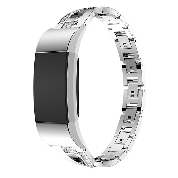 X-formet diamantbesat massivt rustfrit ståls urrem til Fitbit Charge 2 OMH Silver