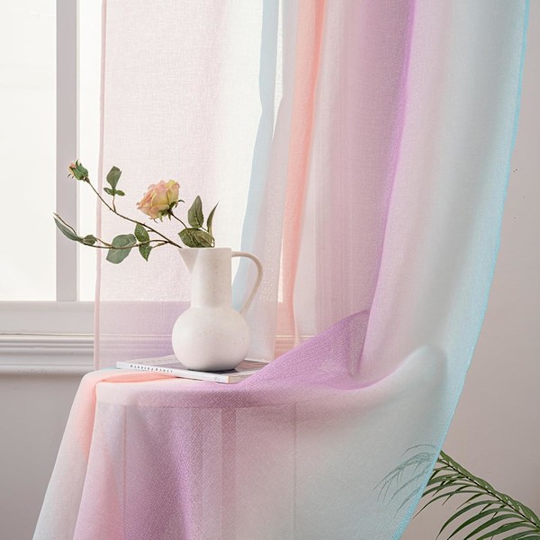 Regnbågsfärgad Ombre Skir Gardin - 140x213 cm Linne-look Enkel Panel - Kanalfåll Design för Flickrum, Barnkammare & Sjöjungfruteman