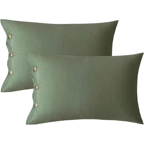 Green Washed Cotton Standard Pillowcases Set, 2 Pack Luxury Soft