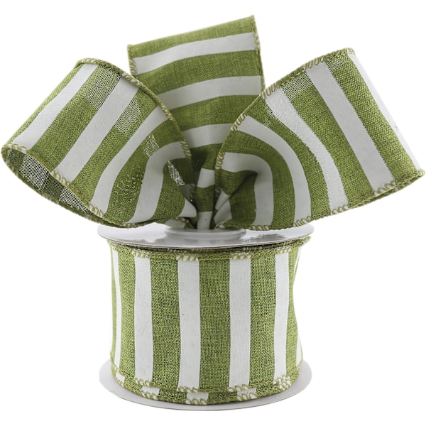 Sage Green Wired Ribbon 2.5" Horizontal White Stripe Wired Edge Burlap Ribbon