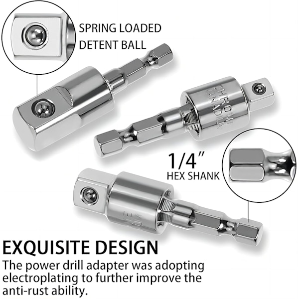 3 stk 360° roterbart sokkeladaptersett for trådløse bor - 1/4\", 3/8\", 1/2\"