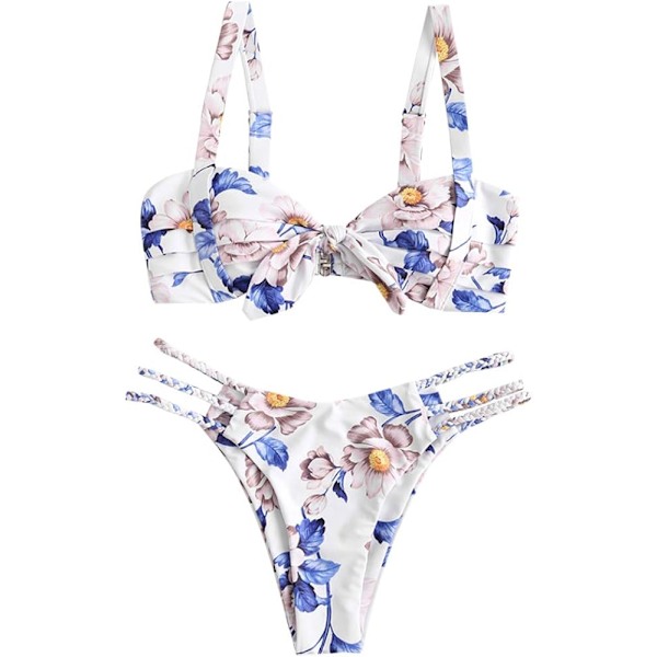 Kvinnors breda remmar knyta knut flätad blommig bikini set tvådelad baddräkt