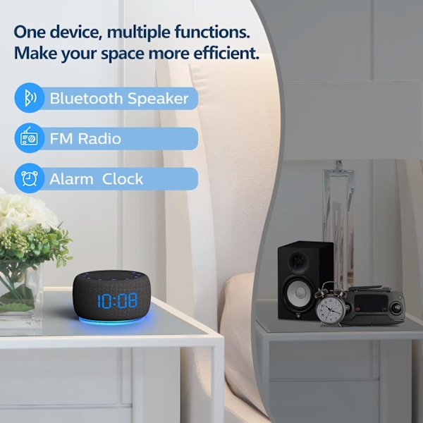 Bluetooth-högtalarväckarklocka med FM-radio - Högkvalitativt ljud, dimmer med full räckvidd, väckarklockradio för sovrummet Svart Svart