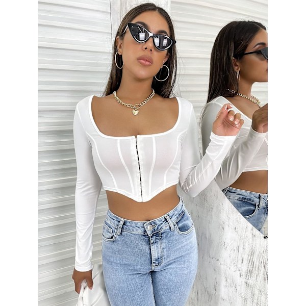 Kvinde Langærmet Crop Top Tee Firkantet Hals Basic T-shirt
