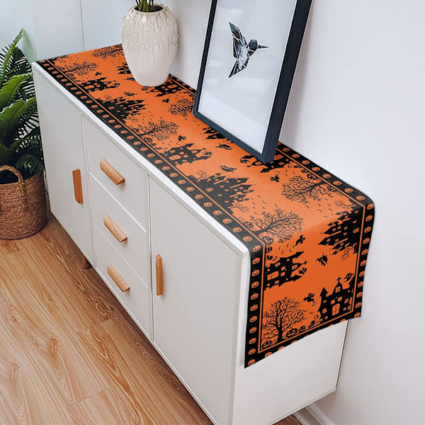 Halloween husbordløper 90 tommer lang, Haunte House oransje svart gresskar bordløper resser skjerf for Halloween innendørs fester og utendørs