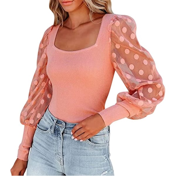 Kvinnors Puff Långärmad Toppar Mesh Prickar Fyrkantig Hals Blus Toppar Elegant