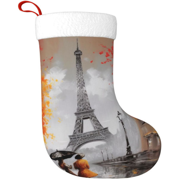 Eiffeltornet Paris Måleri Tryck Julstrumpa Julpynt Kaminhängande Julstrumpor för Familj Semester Julparty Dekorationer 45 cm