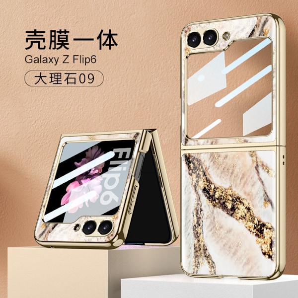 Etui til Samsung Z Flip6 foldetelefon - Kreativt marmor-design med elektroplettet glasbeskyttelse 8