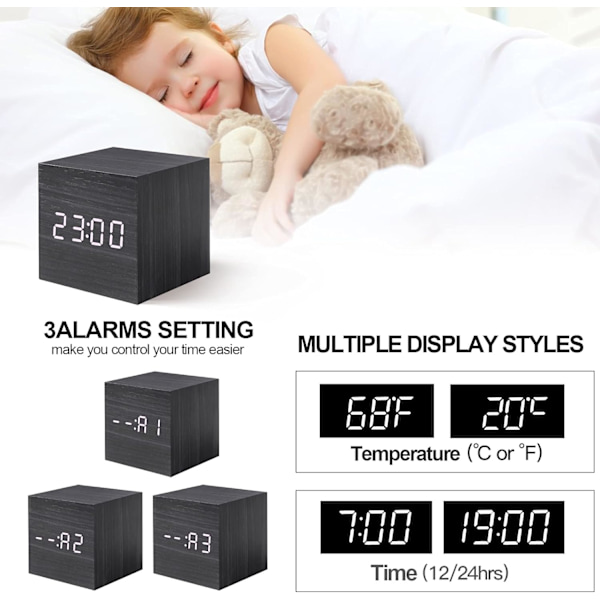 2,5-tommers Mini Digital Vekkerklokke, Tre Kubisk Lydstyrt Bordklokke, 3 Alarm Seinger, Tid, Datovisning og Temperaturdeteksjon, for