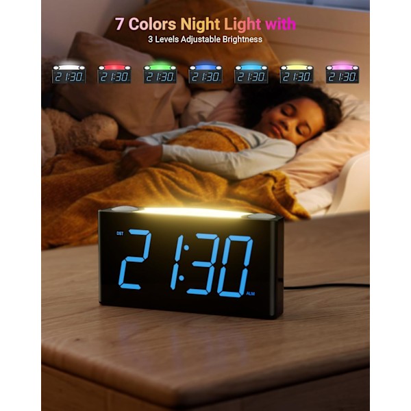 Digital väckarklocka för sovrum - Stor 7,5'' LED-display med dimmer, snooze, 7-färgad nattlampa, enkel att ställa in, USB-laddare, baery backup,