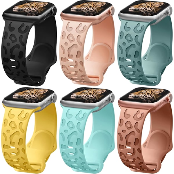 6-pak leopardgraveret rem, der er kompatibel med Apple Watch
