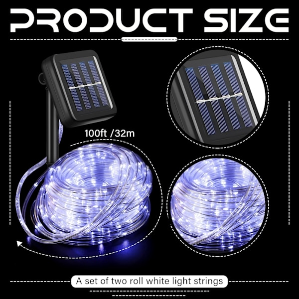 2 stk. Hver 100ft 300 LED Solcelle Reb Lyskæder Udendørs Vandtæt Camping, 8 Tilstande Streng Lys Klar PVC Rør Belysning til Fest Have Gård Bryllup