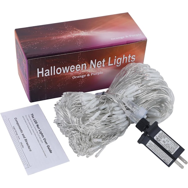 Utomhus Halloween Nätljus, 12FT x 5FT 360 LED Fe-ljus med 8 Belysningslägen, Anslutningsbar Ljussäker Adapter för Trädgårdsträd Buskar