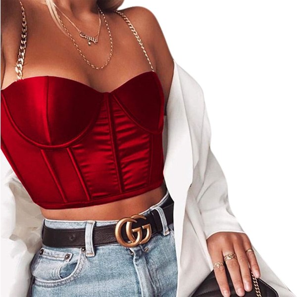 Kvinners Sexy Mesh Bustier Crop Top Ryggløs Kjede Stropper Push Up Polstret Korsett