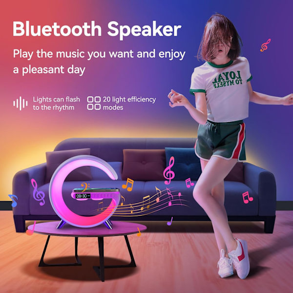 Vækkeur Radio Bluetooth Højttaler Smart Trådløs Hurtig Oplader Desck Lydmaskine Vågn Op Lys Nat til Soveværelser Sovesal Børn Voksne Skrivebord Bord