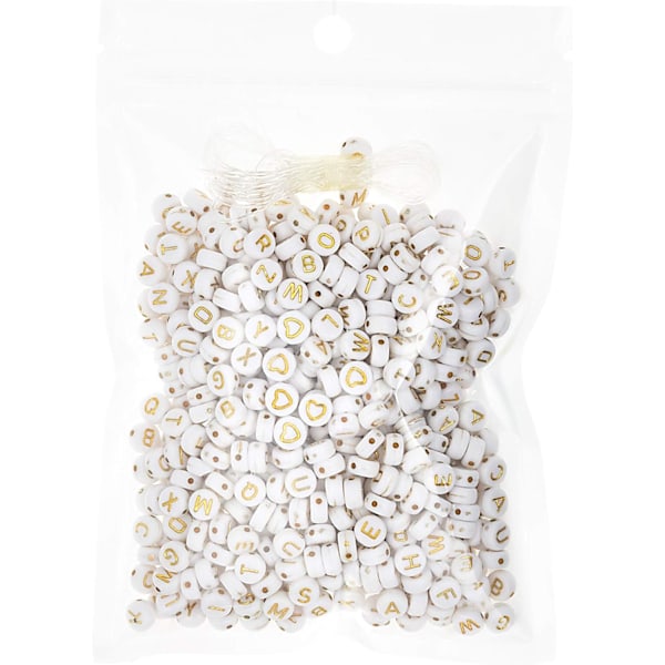 500 stk Akryl Alphabet Perler - Gull På Hvit Navn Armbånd