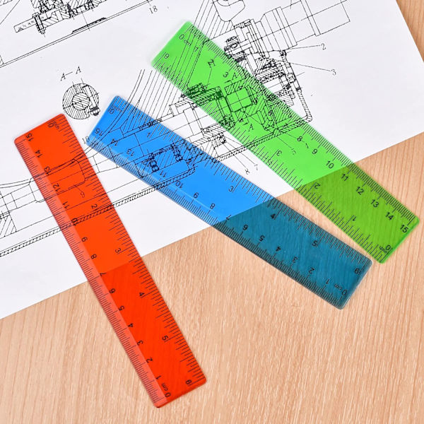 Genomskinlig plastlinjal 6 tum rak linjal - Splittersäker linjal med tum och centimeter (7-pack)