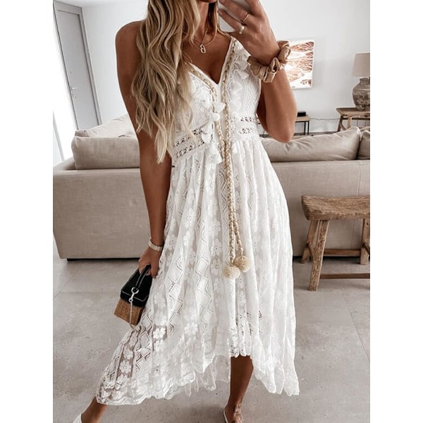 Boho Maxi Kjole med Snørebånd Tassel V-hals Kvinders Sommer Ruffle Strandkjoler