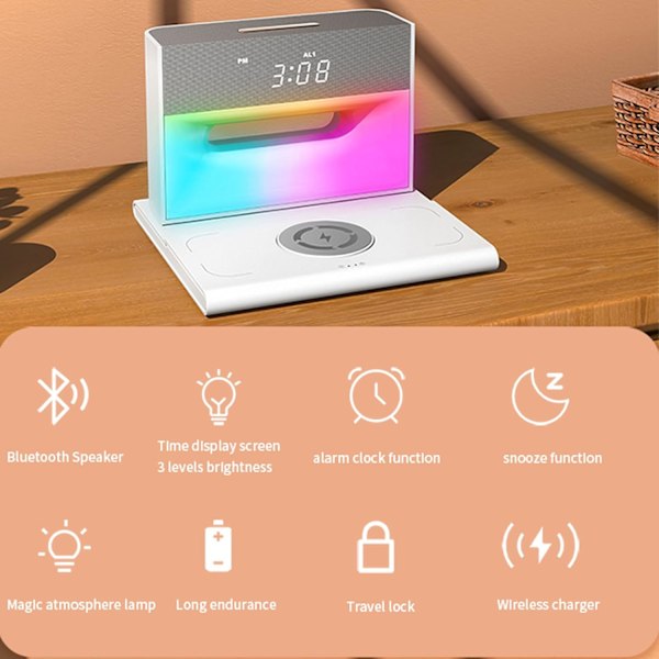 Ljudmaskin med väckarklocka för sovrum, dubbla högtalare, 15 W trådlös laddare, väckarklocka Bluetooth-högtalare för tunga sovare, nattvitt