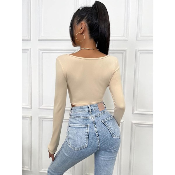 Kvinnors långärmad Crop Top Tee Square Neck Basic T-shirt