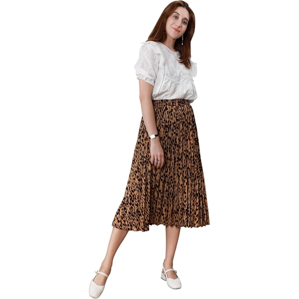 Womens Chic Elastisk Høy Midje A Linje Leopard Trykk Plissert Rynking -Lang