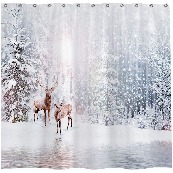 Vintertema Merry Christmas Duschgardin Set (183x183 cm) med 12 kroker