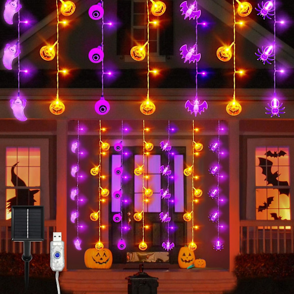 (USB-kontakt og solenergi 2 i 1) 8 moduser Halloween gardinlysslynger, solcelledrevne Halloween-lysdekorasjoner for utendørs, USB-kontakt Halloween