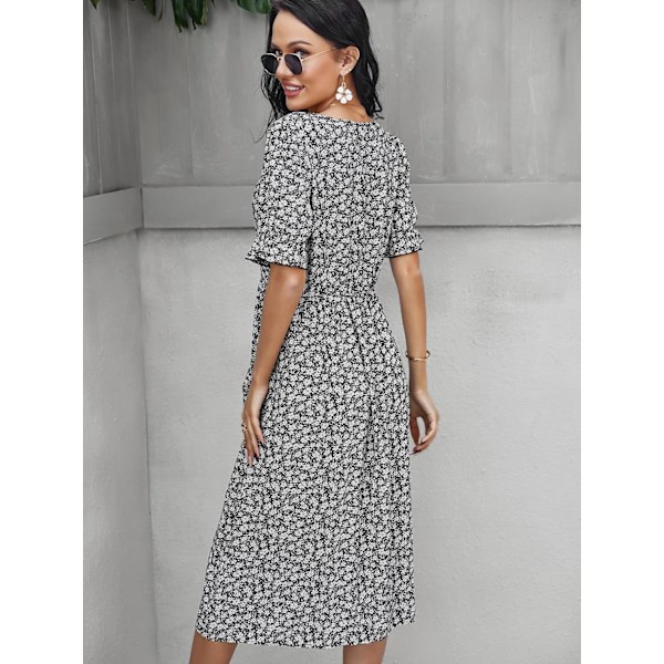 Womens Midi Kjoler Bohemian V Hals Kort Ærme Korset Elastisk Talje Sommer