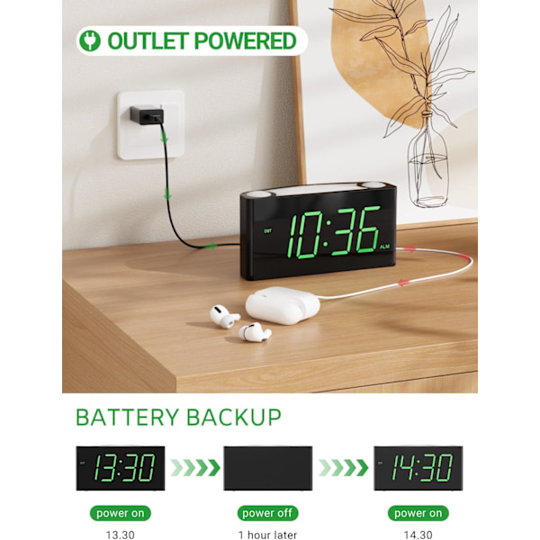 Väggklocka för sovrum, 7,5\" stor display LED-digitalklocka med 7-färgad nattlampa, USB-telefonladdare, dimmer, batteribackup, enkel att ställa in