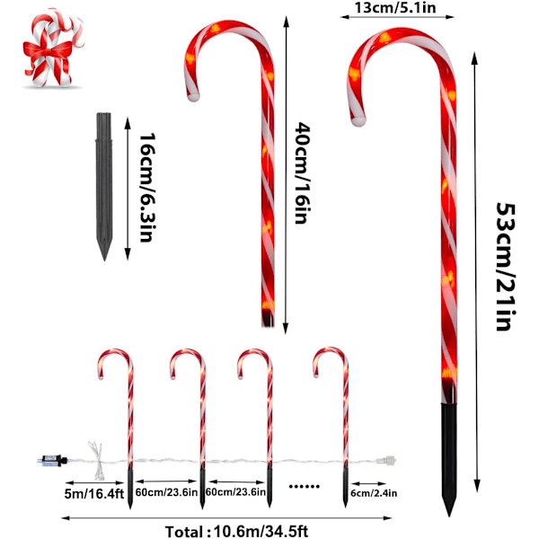 Candy Cane Udendørs Landskabslys - 10 Pakke 60 Røde LED'er 21in Lighted Christmas Path Lights String med Hukommelsesfunktion 8 Blinkende Tilstande Rød