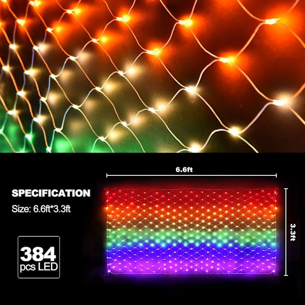 384 LED Pride-flagglys, 6,6 fot x 3,3 fot, utendørs regnbuedekorasjonslys, 8 moduser, lavt energiforbruk, IP44 vanntett, for hagejul
