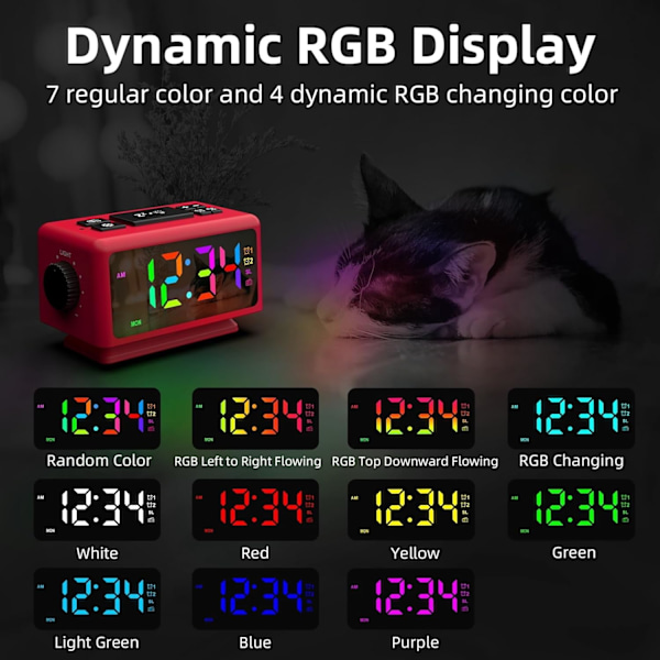 Digitalt vækkeur med 11 dynamisk RGB-display, FM-radiovækkeur med 2 USB-porte, søvnlydmaskiner med timer, 000 % lysdæmper, dobbelt rød