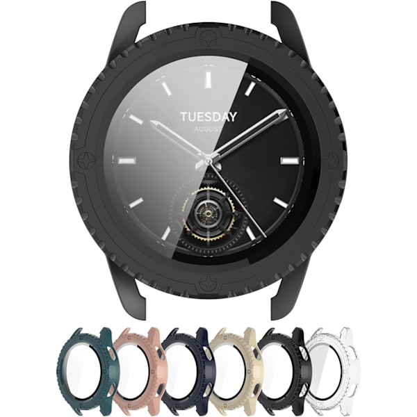 Fuld Dækning Etui med Skærmbeskytter Kompatibel med Xiaomi Watch S3, PC og Ægte Glas Beskyttelses Etui Cover (PC Sort) Sort