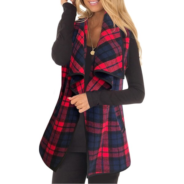 Dame Vest Lapel Åben Front Buffalo Plaid Ærmeløs Cardigan Jakke Frakke med