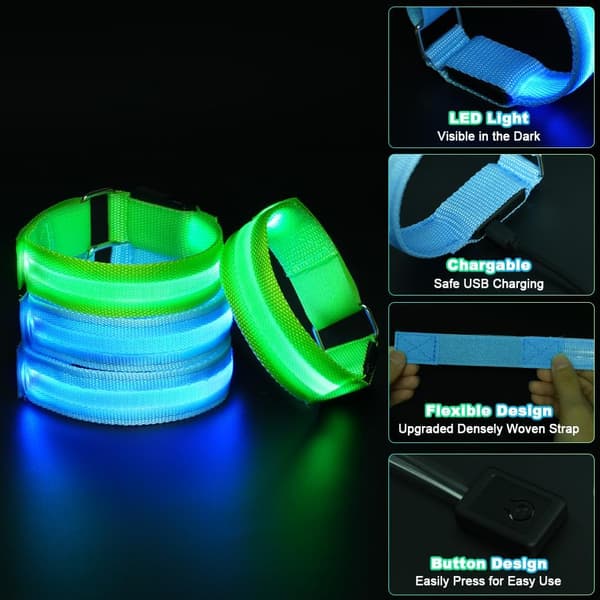 LED-armbånd, oppladbart, USB, reflekterende, LED, løping, justerbart, sikkerhetsarmbånd for armer, håndledd, løping, sykling 2 stk - blå