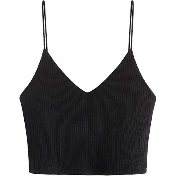Kvinnors Casual V-ringning Ärmlös Ribbstickad Stickad Cami Crop Top Djup Svart Liten