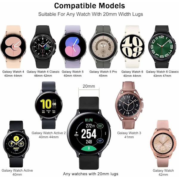10 stk. slanke remme kompatible med Galaxy Watch 4/Galaxy Watch 5/Galaxy Watch 6 rem 40mm 44mm, Galaxy Watch 5 Pro/Watch 4 6 Classic, Galaxy 10