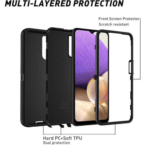 Skal för Galaxy A32 5G, Skal för Galaxy A32 5G Full-Body Stöttåligt, Mjuk TPU Stötfångare Hård PC Stöttåligt Skydd Mobilskal för Galaxy A32 Svart Svart