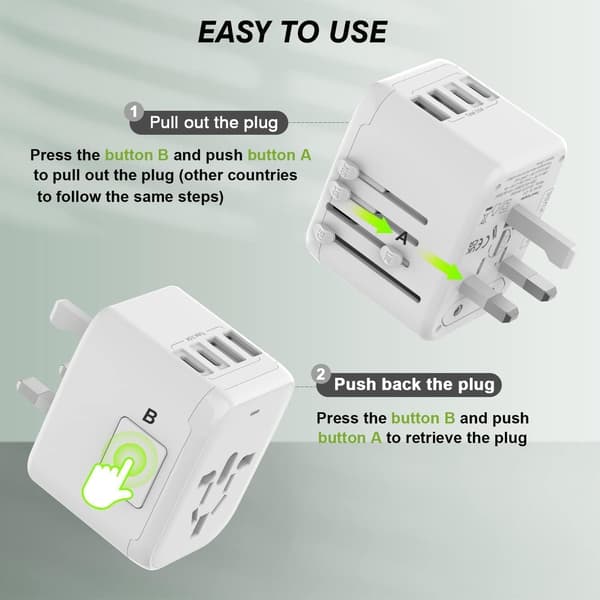 Universell internationell strömreseadapter, 5-i-1 europeisk reseadapter med 3,5A 2xUSB-A och 2xUSB C väggladdare och världsomspännande AC