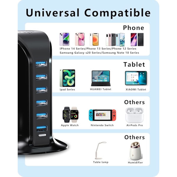 USB-oplader 6 porte 50W Multi USB Tower-ladestation