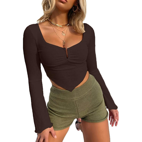Kvinnors långärmad stickad ribbad crop top rynkad framtill fyrkantig hals asymmetrisk