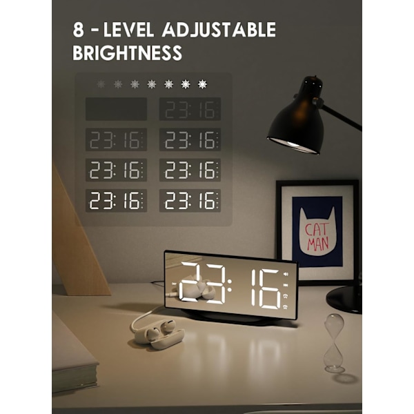 Extra högljudd väckarklocka för tunga sovare vuxna, digital dubbel väckarklocka för sovrum med USB-laddare, 8,7\" stor LED-spegeldisplay, vibrerande